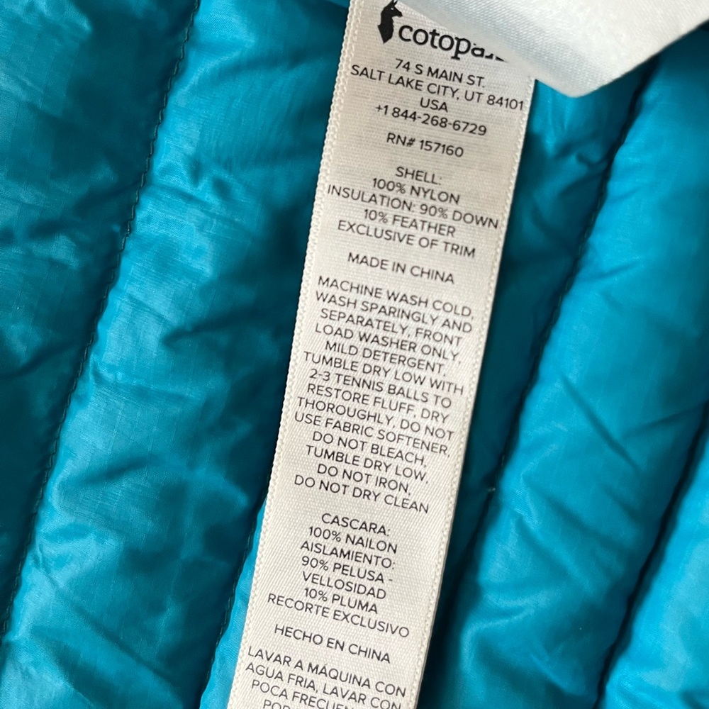 ‼️SOLD‼️ Cotopaxi Men's Fuego Hooded Puffer Jacket - Olive, Navy & Teal Stripes - Picture 11 of 11